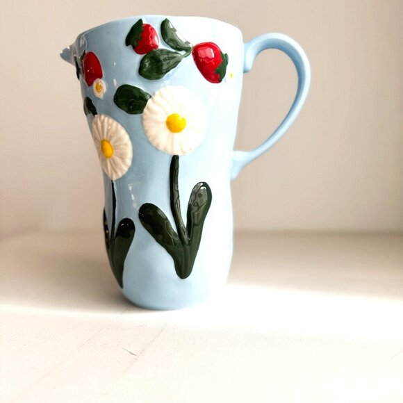 Anthropologie Foster Icon Stoneware Blue Strawberry Floral Jug Pitcher - Picture 2 of 7